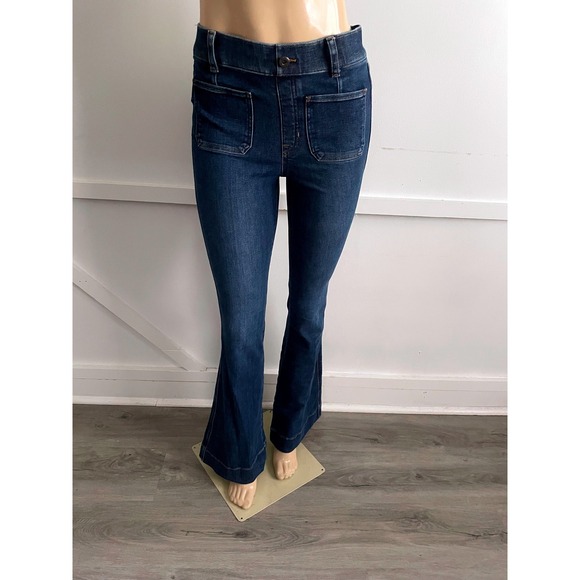 SPANX Denim - Spanx Flare Jeans Dark Wash High Rise Pull On Shaping Denim Blue Pockets Small